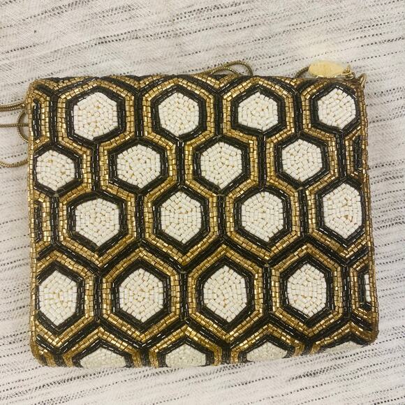 From St. Xavier Black White Gold Beaded Clutch Removable Chain Deco MCM NWOT - Picture 5 of 9